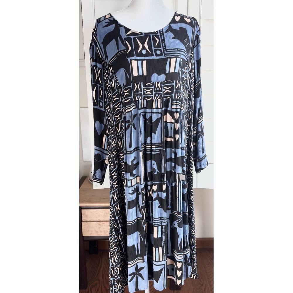 Vintage 90s We Be Bop Dress 1X Rayon Abstract Art to Wear Boho Midi Lagenlook